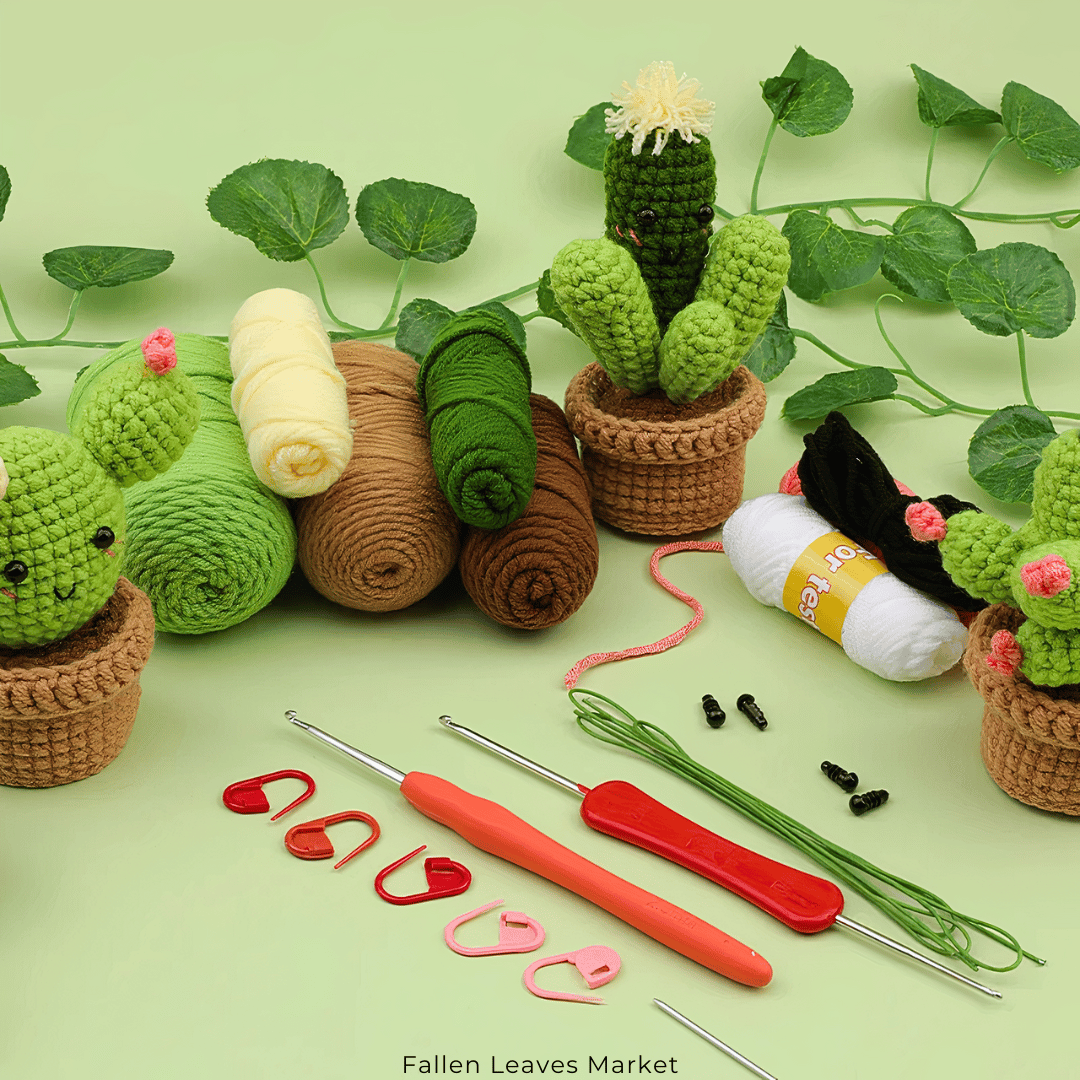 Complete Crochet Kit for Beginners: 6pc Succulent Plants Set with Hooks, Yarn, Markers, Eyes - Easy DIY Crochet Crafts Starter Pack