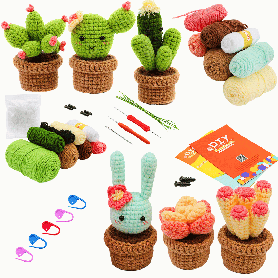 Complete Crochet Kit for Beginners: 6pc Succulent Plants Set with Hooks, Yarn, Markers, Eyes - Easy DIY Crochet Crafts Starter Pack