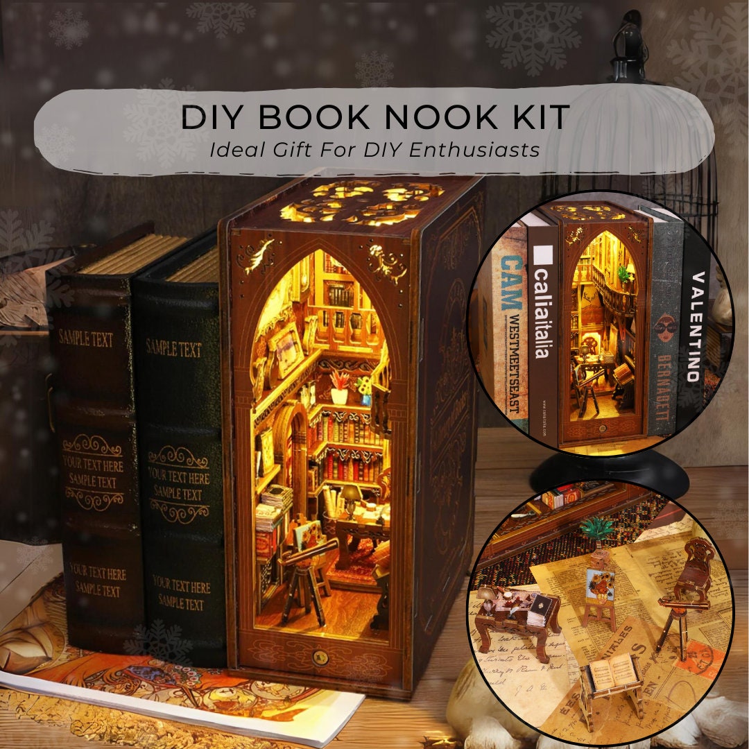 DIY Book Nook Kit, 3D Wooden Puzzle Bookend, DIY Miniature Dollhouse Bookend, Booknook Bookshelf Insert Decor Alley with Furniture and LED Lig並行輸入 3D DIY Book Nook Kit - LED Glowing Miniature Dollhouse, Wooden