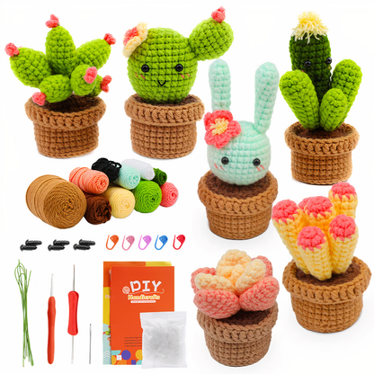 Complete Crochet Kit for Beginners: 6pc Succulent Plants Set with Hooks, Yarn, Markers, Eyes - Easy DIY Crochet Crafts Starter Pack