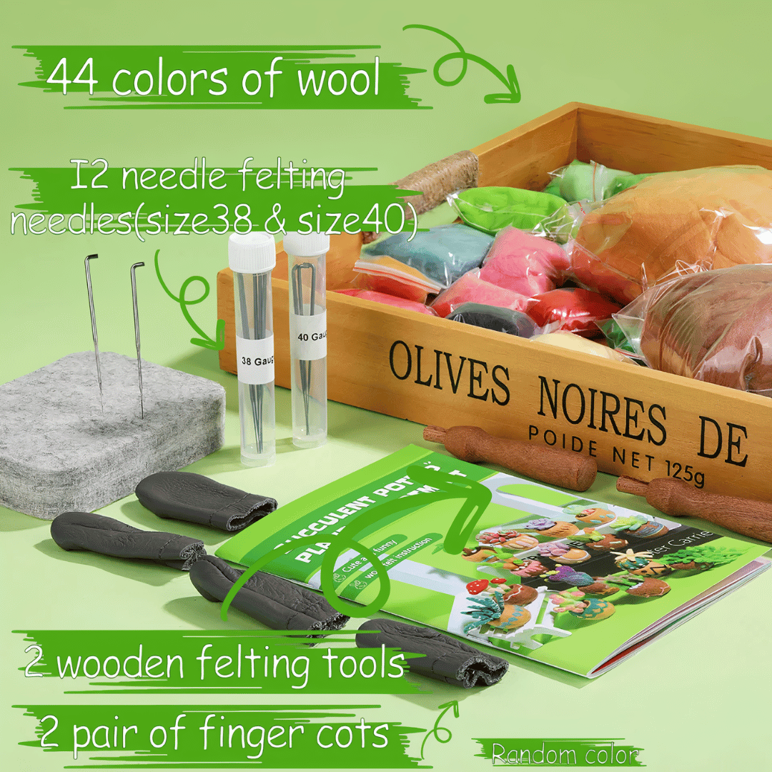 DIY Needle Felting Kit for Beginners Succulent Plants - 15 Potted Designs, 44 Colourful Wools, Complete Craft Kit with Tools & Tutorials