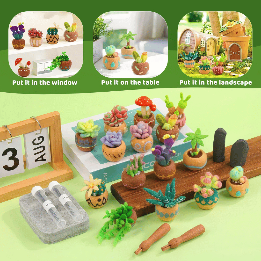 DIY Needle Felting Kit for Beginners Succulent Plants - 15 Potted Designs, 44 Colourful Wools, Complete Craft Kit with Tools & Tutorials