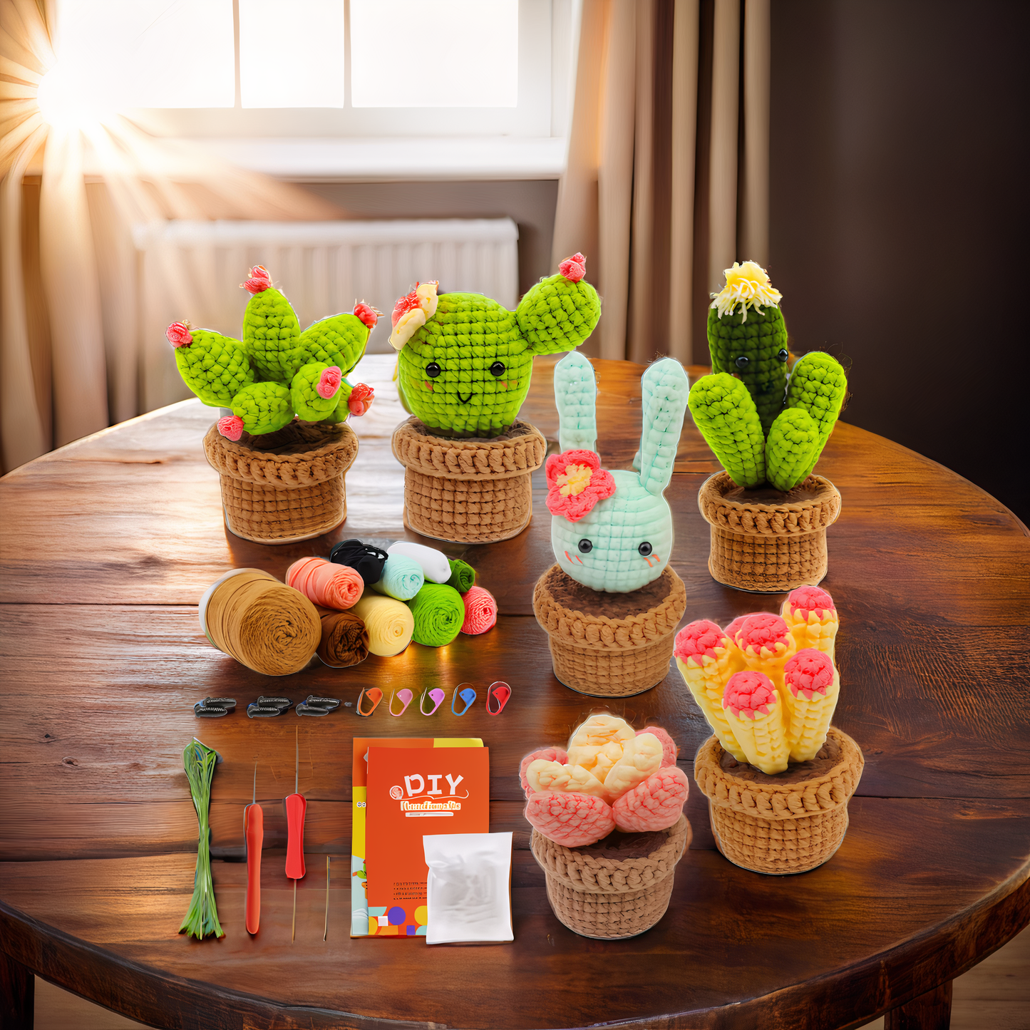 Complete Crochet Kit for Beginners: 6pc Succulent Plants Set with Hooks, Yarn, Markers, Eyes - Easy DIY Crochet Crafts Starter Pack