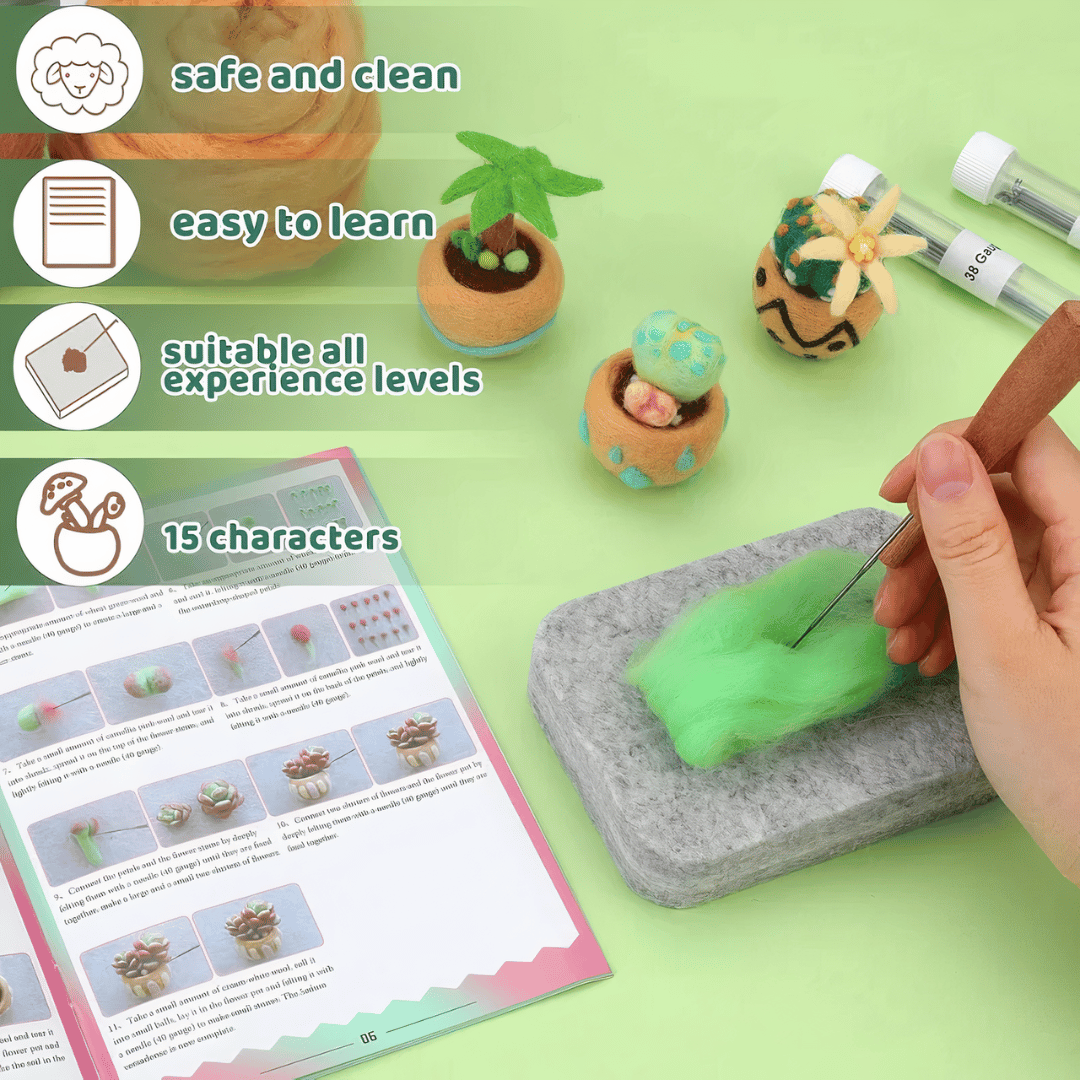 DIY Needle Felting Kit for Beginners Succulent Plants - 15 Potted Designs, 44 Colourful Wools, Complete Craft Kit with Tools & Tutorials