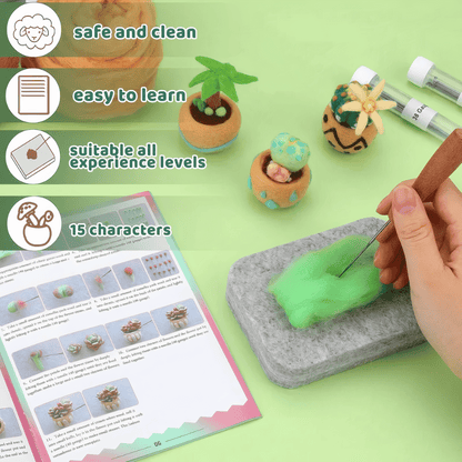 DIY Needle Felting Kit for Beginners Succulent Plants - 15 Potted Designs, 44 Colourful Wools, Complete Craft Kit with Tools & Tutorials