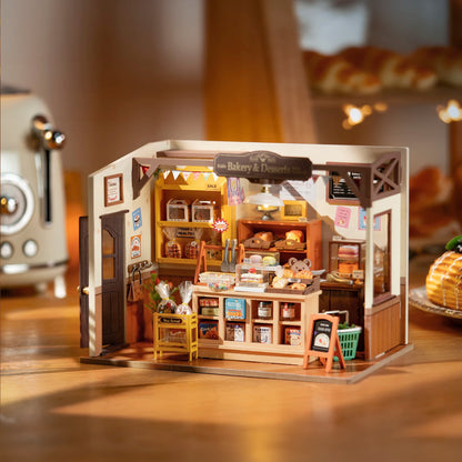 DIY Miniature Bakery Kit – 3D Wooden Dollhouse – LED Light-Up Café Model – Creative Gift for Kids & Adults – Home & Desk Decor