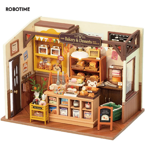 DIY Miniature Bakery Kit – 3D Wooden Dollhouse – LED Light-Up Café Model – Creative Gift for Kids & Adults – Home & Desk Decor