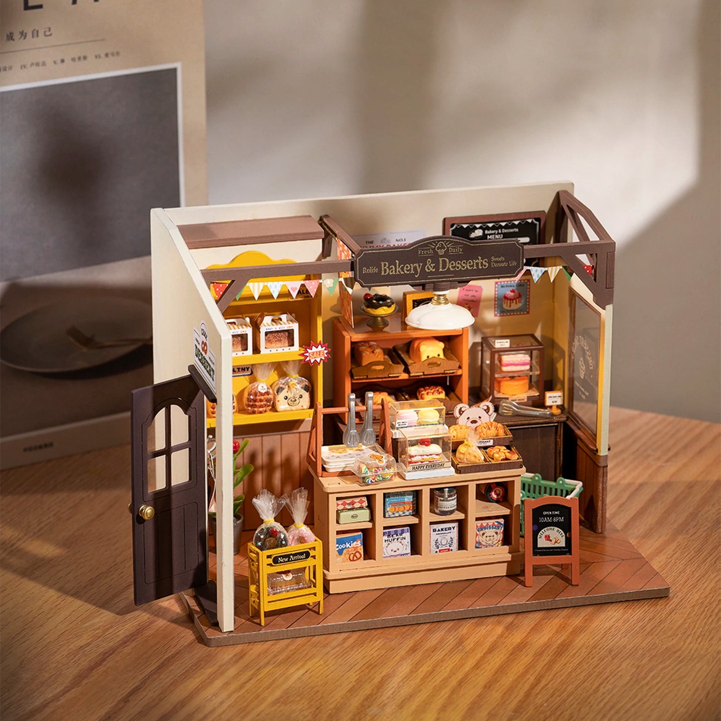 DIY Miniature Bakery Kit – 3D Wooden Dollhouse – LED Light-Up Café Model – Creative Gift for Kids & Adults – Home & Desk Decor