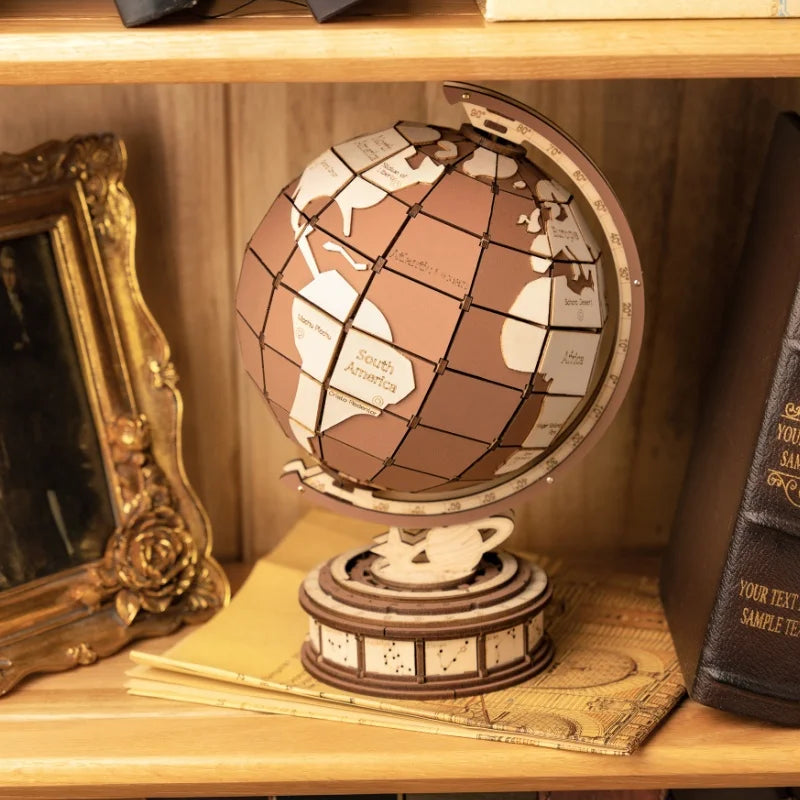 Wooden 3D Globe Puzzle Kit – DIY Assembly Model – Rotating Earth Map – Educational Gift for Kids & Adults – Home & Desk Decor