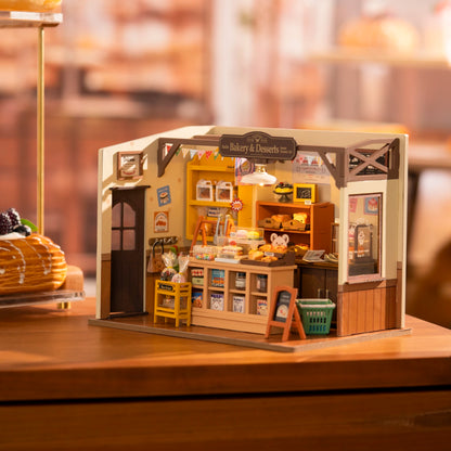 DIY Miniature Bakery Kit – 3D Wooden Dollhouse – LED Light-Up Café Model – Creative Gift for Kids & Adults – Home & Desk Decor