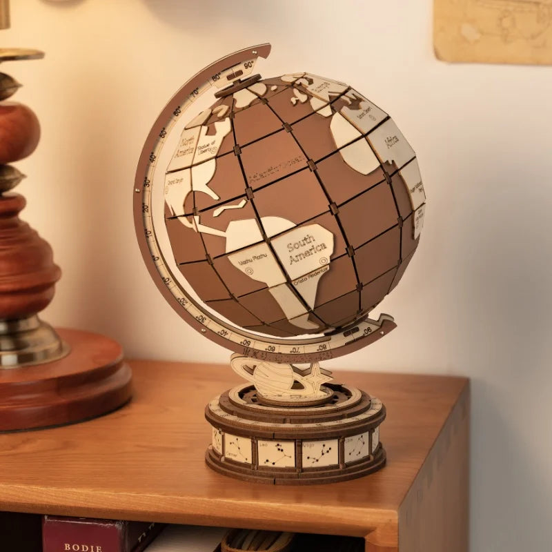 Wooden 3D Globe Puzzle Kit – DIY Assembly Model – Rotating Earth Map – Educational Gift for Kids & Adults – Home & Desk Decor