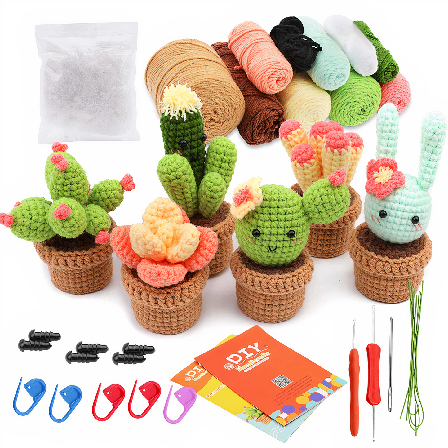 Complete Crochet Kit for Beginners: 6pc Succulent Plants Set with Hooks, Yarn, Markers, Eyes - Easy DIY Crochet Crafts Starter Pack