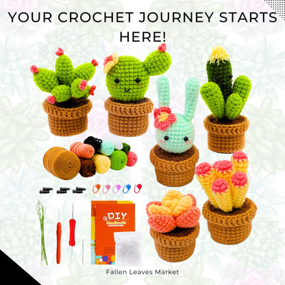 Complete Crochet Kit for Beginners: 6pc Succulent Plants Set with Hooks, Yarn, Markers, Eyes - Easy DIY Crochet Crafts Starter Pack