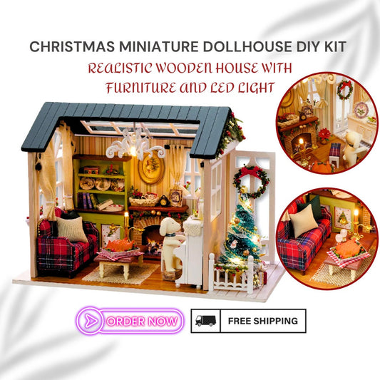 Christmas 3D Miniature Dollhouse DIY Kit - Realistic Wooden House with Furniture, LED Lights, Resin Decor - Perfect Craft Gift