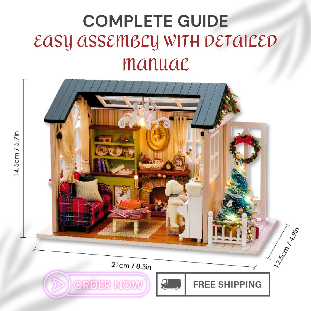 Christmas 3D Miniature Dollhouse DIY Kit - Realistic Wooden House with Furniture, LED Lights, Resin Decor - Perfect Craft Gift