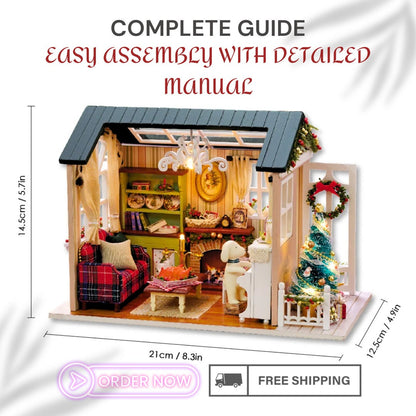 Christmas 3D Miniature Dollhouse DIY Kit - Realistic Wooden House with Furniture, LED Lights, Resin Decor - Perfect Craft Gift