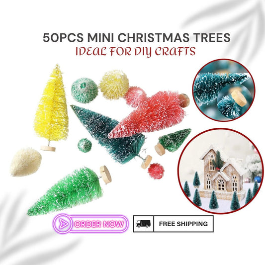 50Pcs Miniature Christmas Trees - Artificial Pine Sisal, Snowy Tabletop Decor, Festive Xmas Ornaments, Ideal for Crafts & Gifts