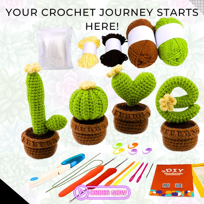 Succulents Crochet Kit - For Beginners 4pcs 'LOVE' Cactus Potted Plants, DIY Craft Set with Yarn, Needles, Instructions, & Accessories