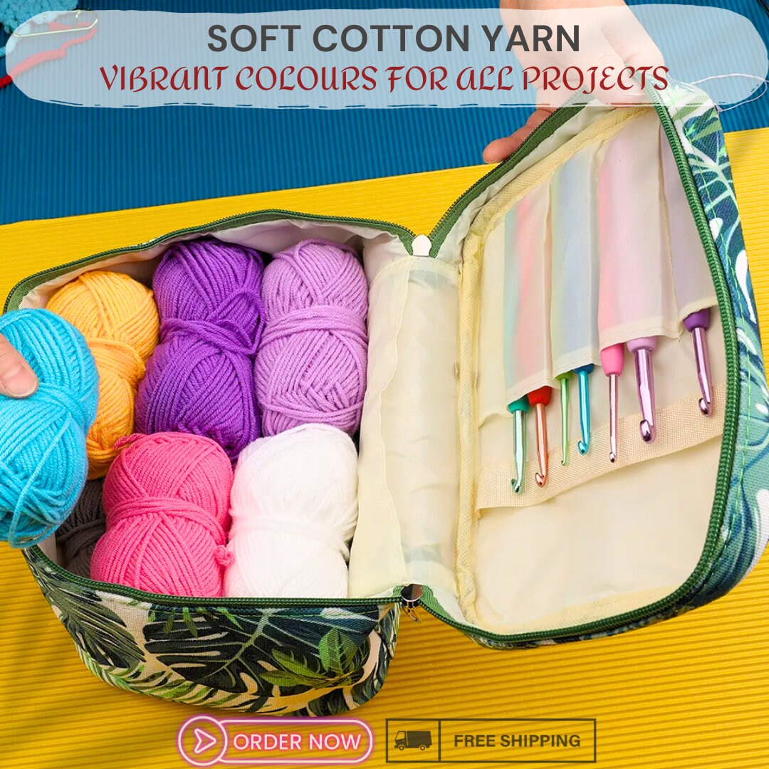 Cotton Yarn Thread Ball Set with Crochet Hooks, Knitting Needles and Accessories – Complete Craft Kit in a Stylish Bag for Knitters