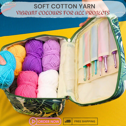 Cotton Yarn Thread Ball Set with Crochet Hooks, Knitting Needles and Accessories – Complete Craft Kit in a Stylish Bag for Knitters