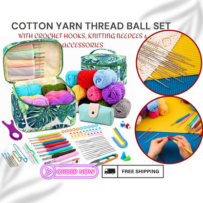 Cotton Yarn Thread Ball Set with Crochet Hooks, Knitting Needles and Accessories – Complete Craft Kit in a Stylish Bag for Knitters