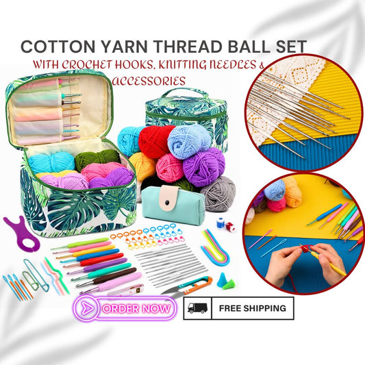 Cotton Yarn Thread Ball Set with Crochet Hooks, Knitting Needles and Accessories – Complete Craft Kit in a Stylish Bag for Knitters