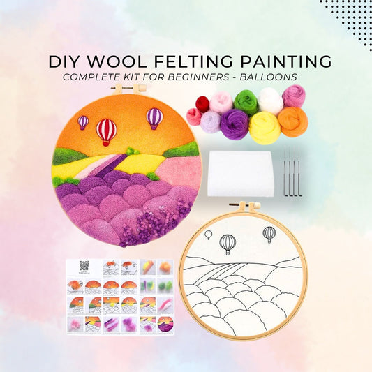 Lavender Balloon Needle Felting Kit - Complete Wool Painting Set with Frame, DIY Gift, Home Decor Craft, Easy-to-Follow Manual