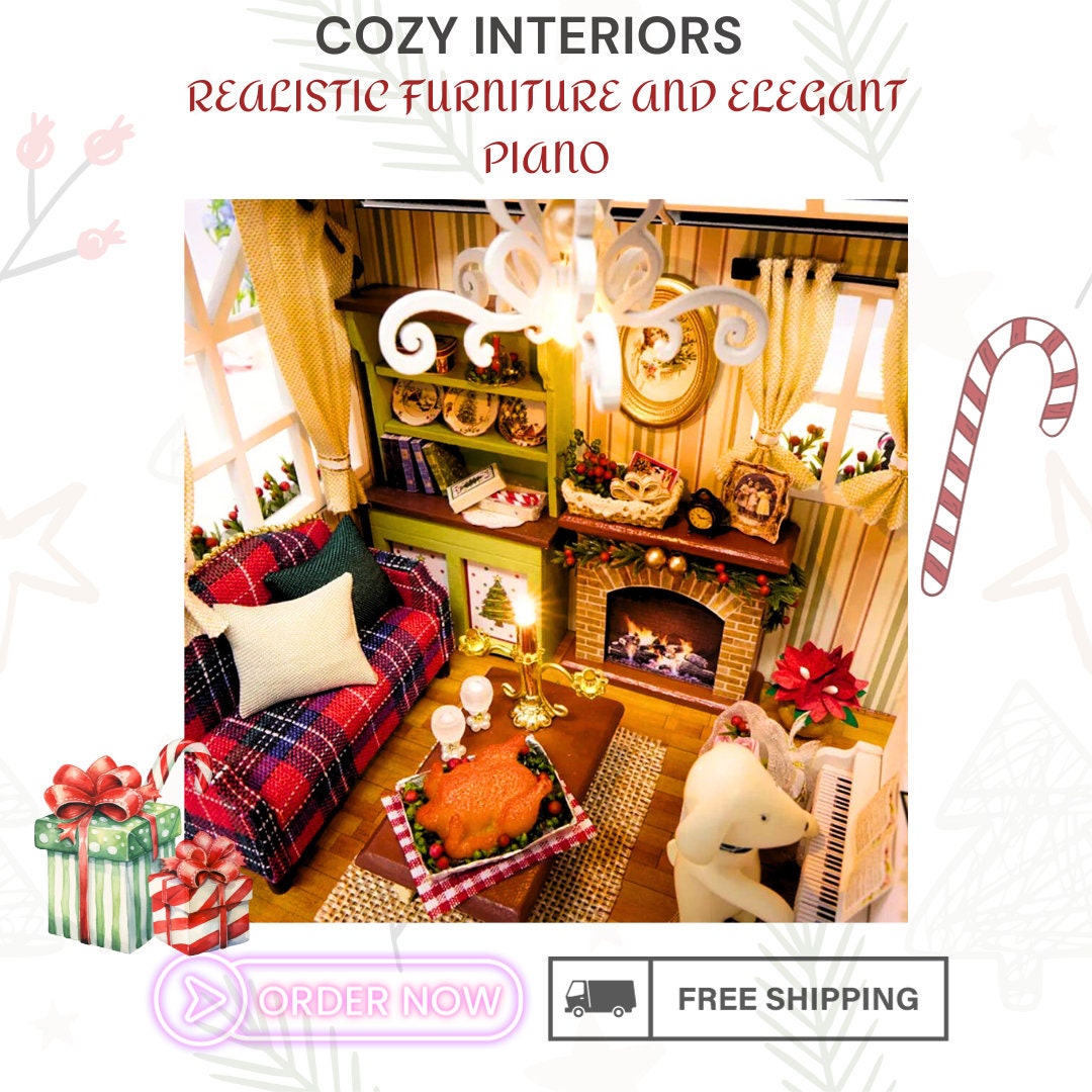 Christmas 3D Miniature Dollhouse DIY Kit - Realistic Wooden House with Furniture, LED Lights, Resin Decor - Perfect Craft Gift