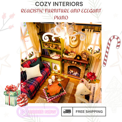 Christmas 3D Miniature Dollhouse DIY Kit - Realistic Wooden House with Furniture, LED Lights, Resin Decor - Perfect Craft Gift