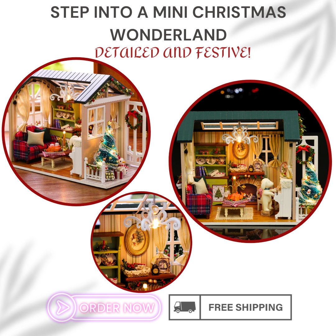 Christmas 3D Miniature Dollhouse DIY Kit - Realistic Wooden House with Furniture, LED Lights, Resin Decor - Perfect Craft Gift