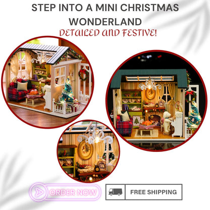 Christmas 3D Miniature Dollhouse DIY Kit - Realistic Wooden House with Furniture, LED Lights, Resin Decor - Perfect Craft Gift