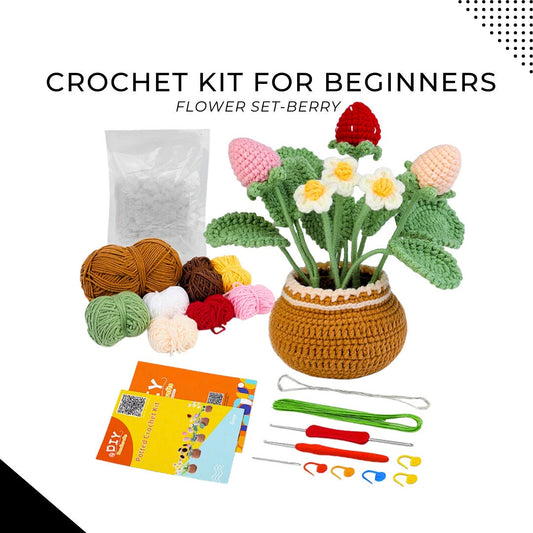 Easy DIY Crochet Berry Flower Kit for Beginners - Complete Set with Yarn, Needles, Hooks & Step-by-Step Instructions - Craft and Decor