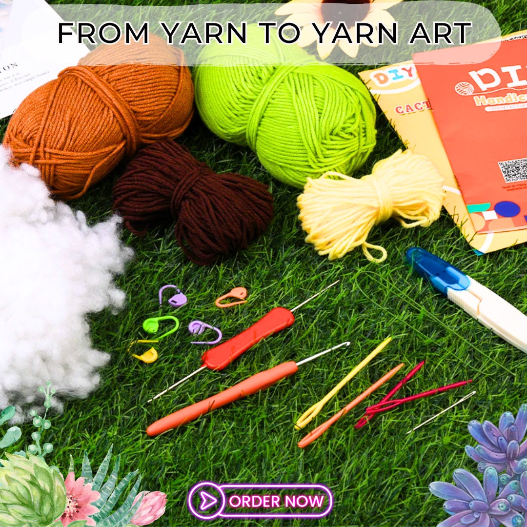 Succulents Crochet Kit - For Beginners 4pcs 'LOVE' Cactus Potted Plants, DIY Craft Set with Yarn, Needles, Instructions, & Accessories