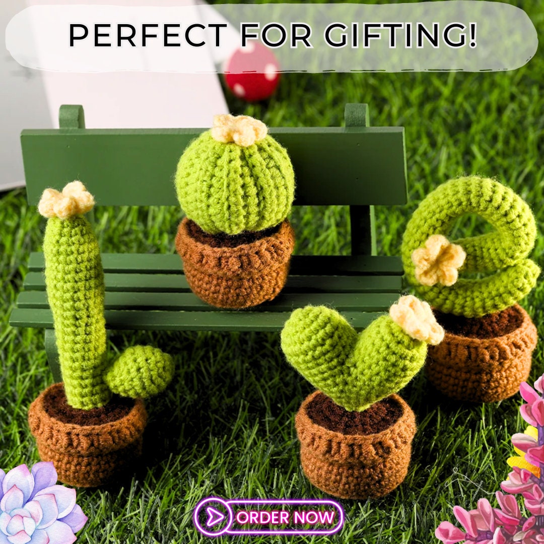 Succulents Crochet Kit - For Beginners 4pcs 'LOVE' Cactus Potted Plants, DIY Craft Set with Yarn, Needles, Instructions, & Accessories