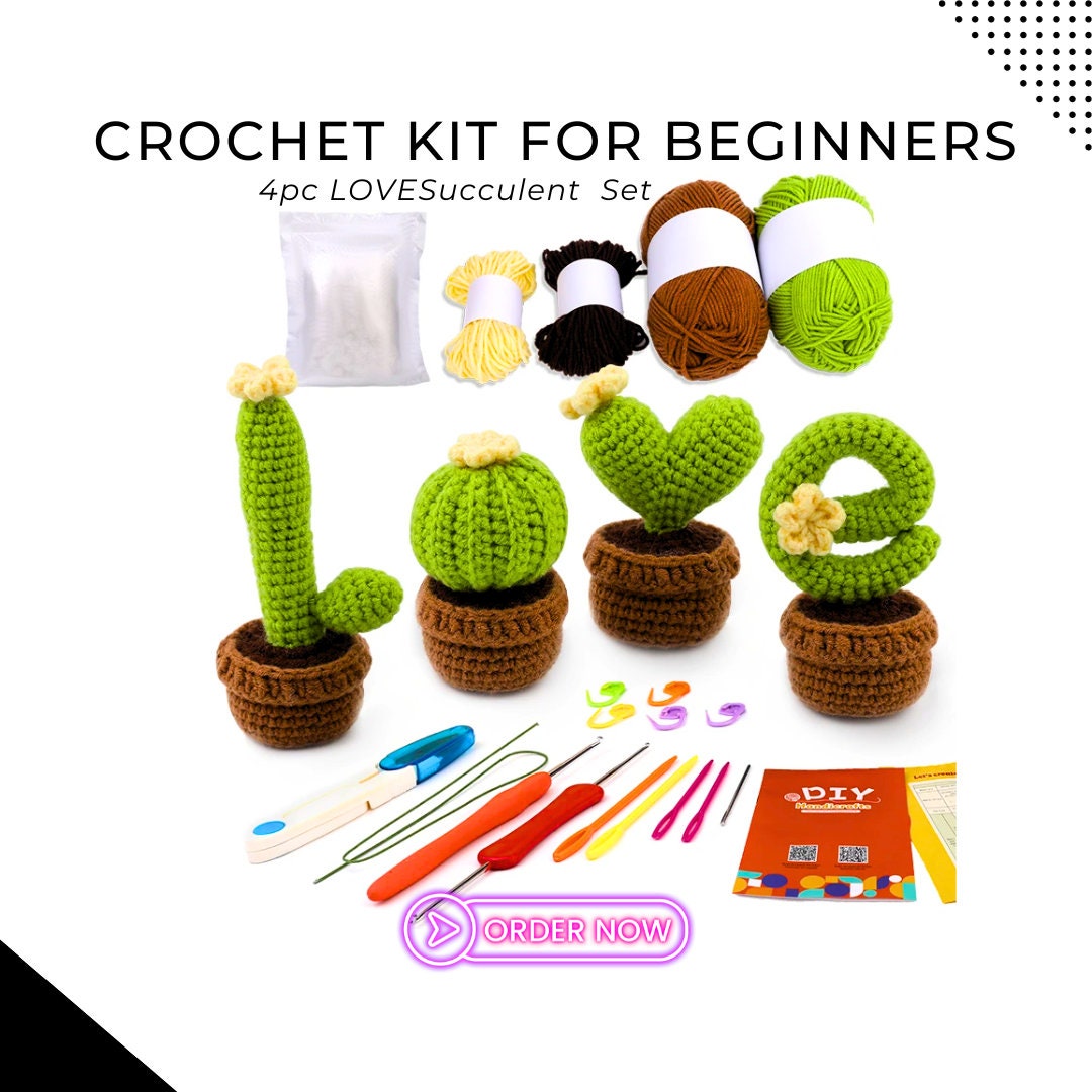 Succulents Crochet Kit - For Beginners 4pcs 'LOVE' Cactus Potted Plants, DIY Craft Set with Yarn, Needles, Instructions, & Accessories