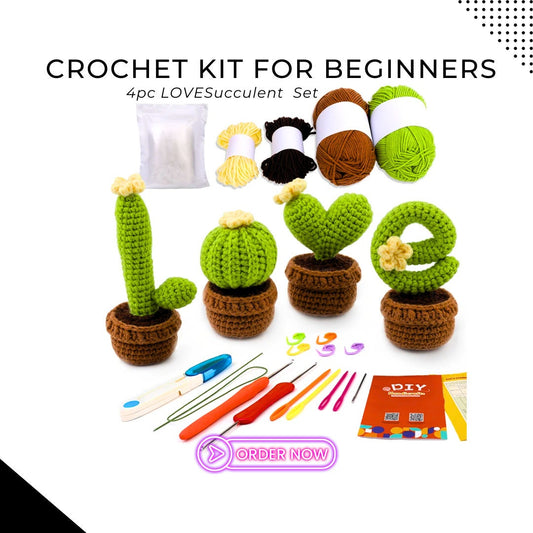 Succulents Crochet Kit - For Beginners 4pcs 'LOVE' Cactus Potted Plants, DIY Craft Set with Yarn, Needles, Instructions, & Accessories