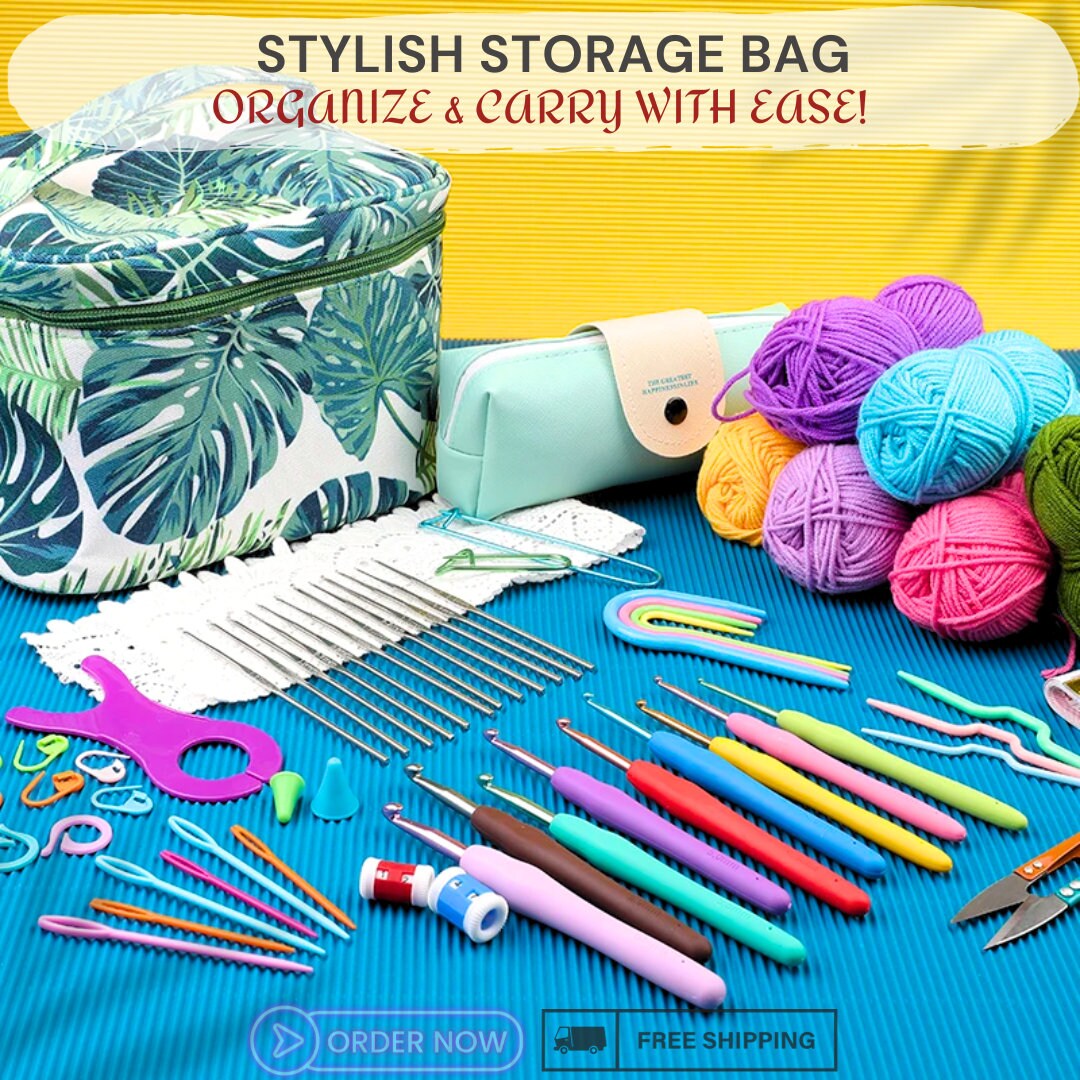 Cotton Yarn Thread Ball Set with Crochet Hooks, Knitting Needles and Accessories – Complete Craft Kit in a Stylish Bag for Knitters