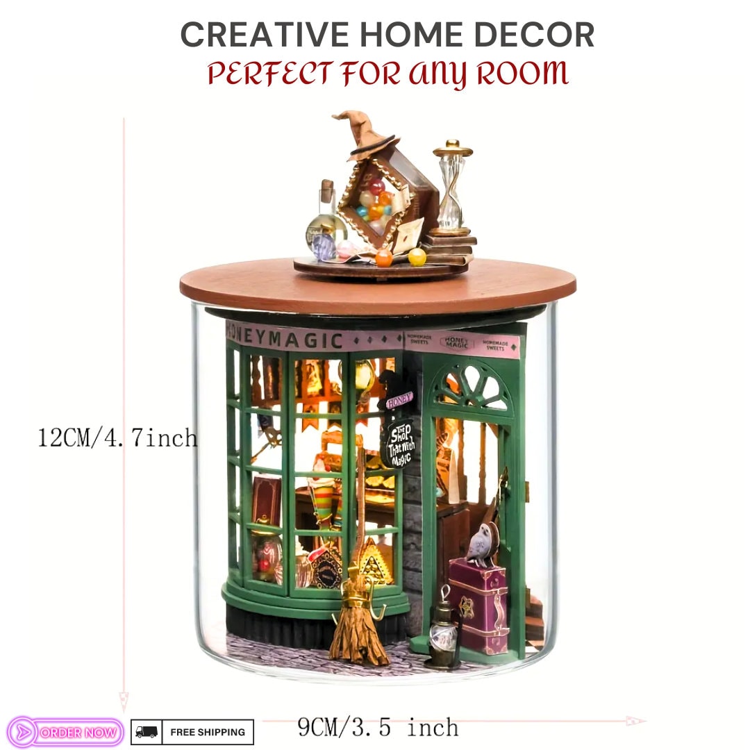 DIY Mini Magic Shop Dollhouse Kit - Wooden Model Toy with Furniture, LED Light, English Instructions - Home Decor Craft