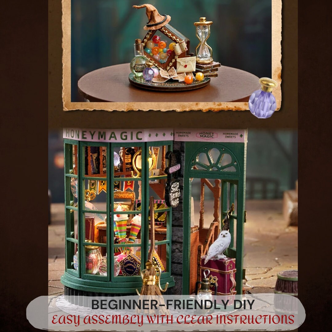 DIY Mini Magic Shop Dollhouse Kit - Wooden Model Toy with Furniture, LED Light, English Instructions - Home Decor Craft