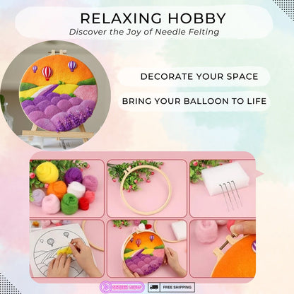 Lavender Balloon Needle Felting Kit - Complete Wool Painting Set with Frame, DIY Gift, Home Decor Craft, Easy-to-Follow Manual