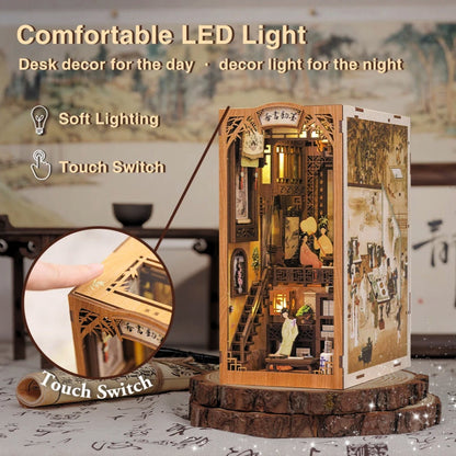 3D Wooden Book Nook Ink Rhyme Bookstore - Dollhouse Miniature with Touch Light, Dust Cover - Perfect DIY Gift & Toy for New Hobby Enthusiast