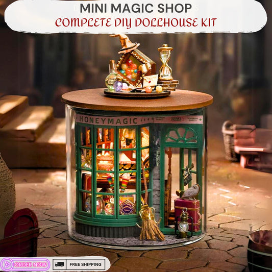 DIY Mini Magic Shop Dollhouse Kit - Wooden Model Toy with Furniture, LED Light, English Instructions - Home Decor Craft