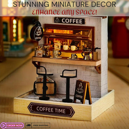 DIY Coffee Time Miniature Dollhouse Kit - Cosy Wooden Diorama with Light, Exquisite Craft & Decorative Charm