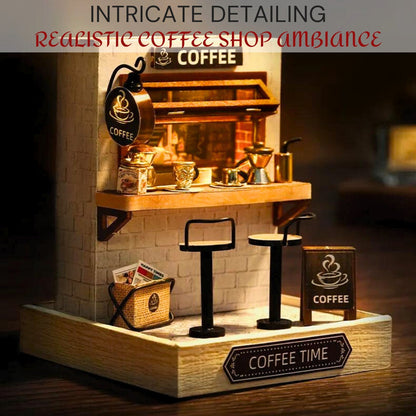 DIY Coffee Time Miniature Dollhouse Kit - Cosy Wooden Diorama with Light, Exquisite Craft & Decorative Charm