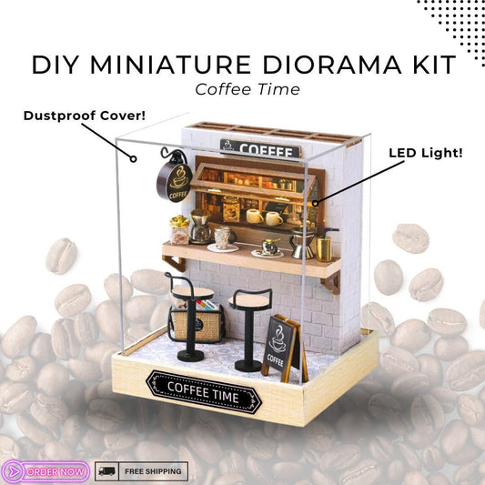 DIY Coffee Time Miniature Dollhouse Kit - Cosy Wooden Diorama with Light, Exquisite Craft & Decorative Charm