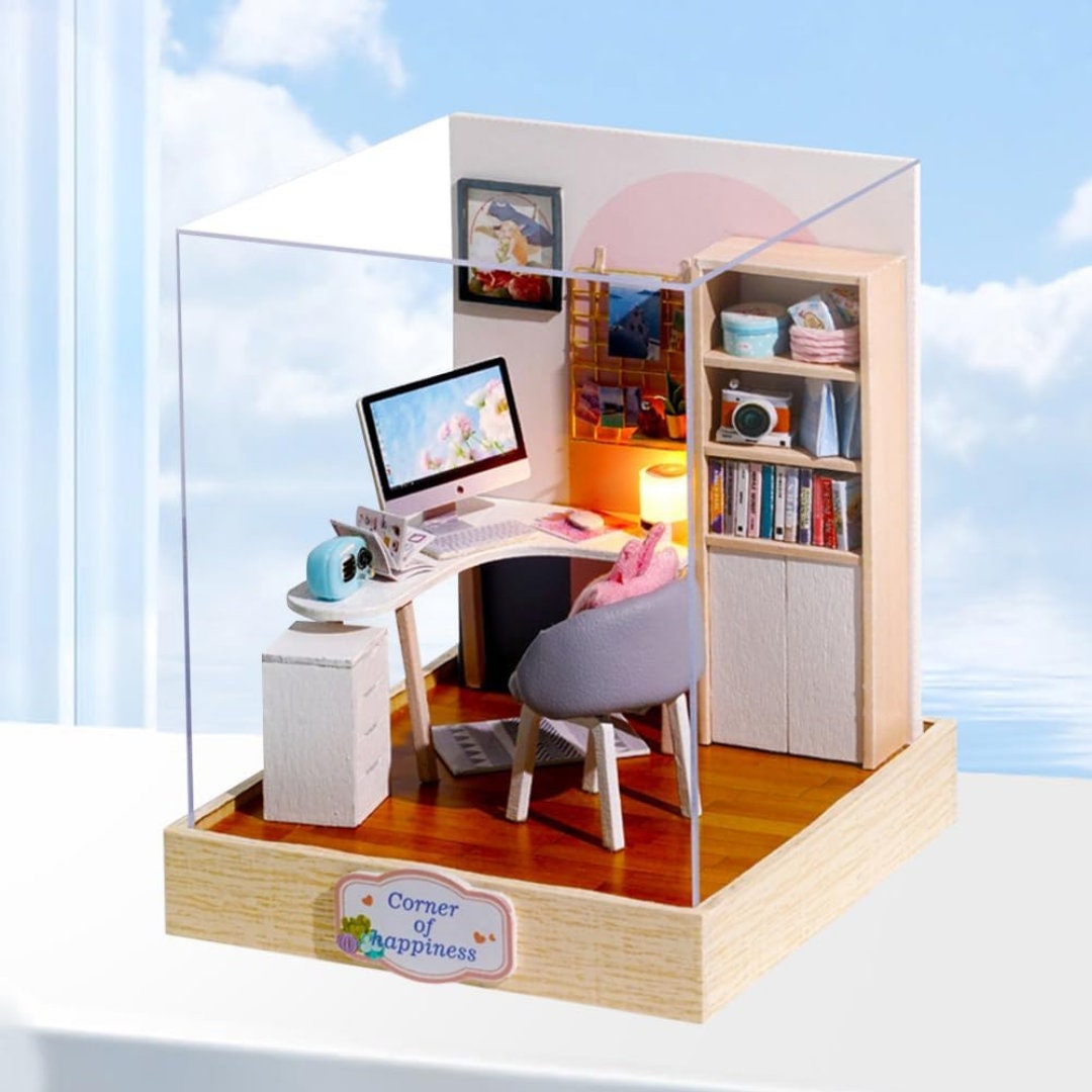 Cosy Study Corner Diorama with Light- Deluxe Wooden Miniature Dollhouse DIY Kit Perfect Craft & Gift Model Making For Miniatures Enthusiasts