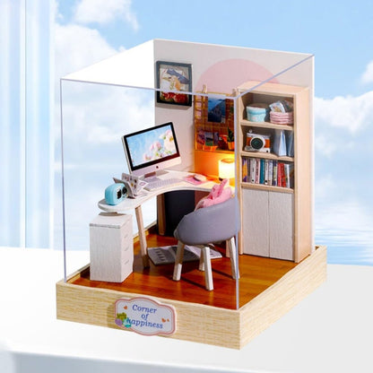 Cosy Study Corner Diorama with Light- Deluxe Wooden Miniature Dollhouse DIY Kit Perfect Craft & Gift Model Making For Miniatures Enthusiasts
