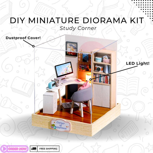 Cosy Study Corner Diorama with Light- Deluxe Wooden Miniature Dollhouse DIY Kit Perfect Craft & Gift Model Making For Miniatures Enthusiasts