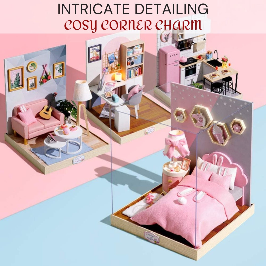 Cosy Study Corner Diorama with Light- Deluxe Wooden Miniature Dollhouse DIY Kit Perfect Craft & Gift Model Making For Miniatures Enthusiasts