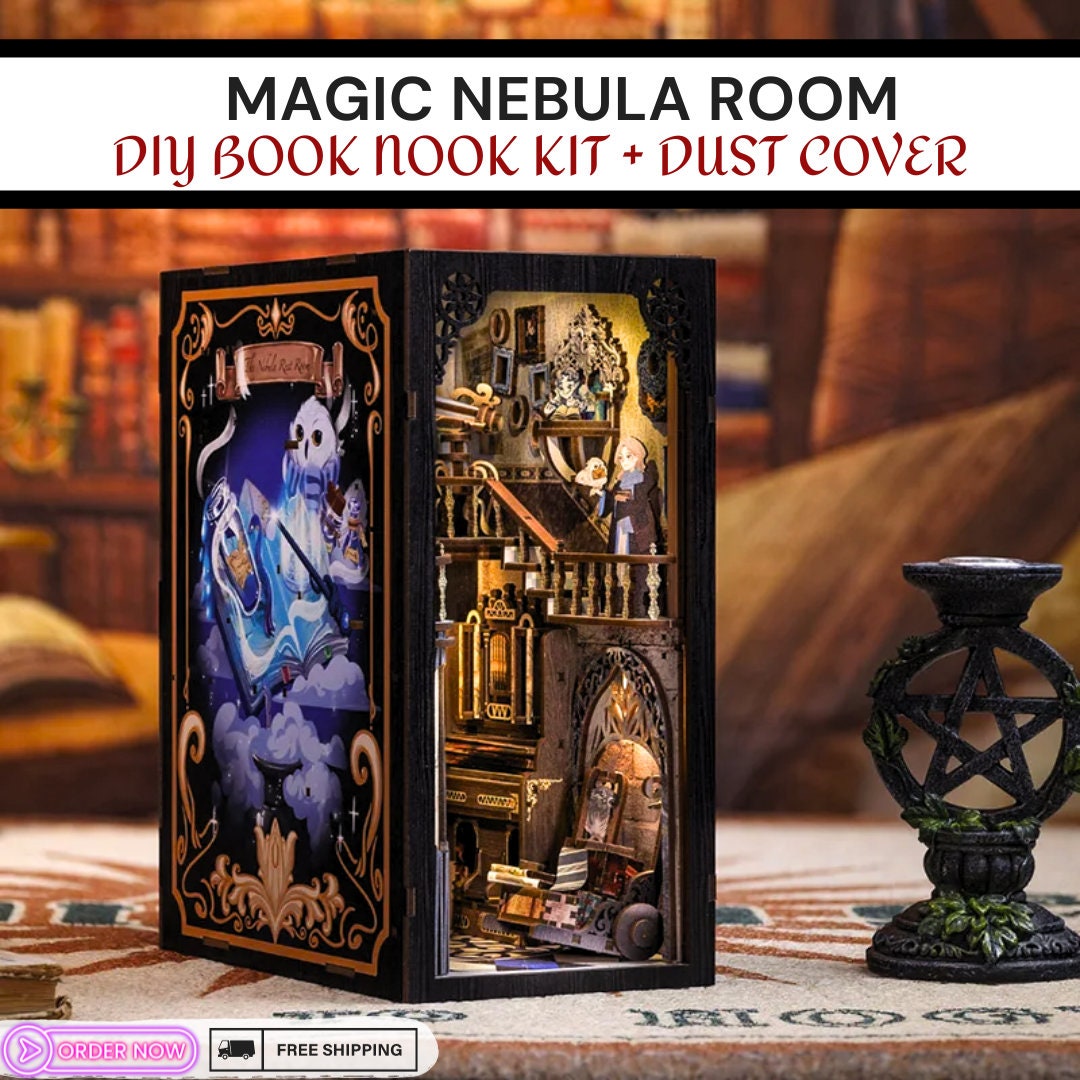 Magical Nebula Room- Book Nook DIY Kit with Touch Light & Dust Cover - Miniature Doll House - Perfect Birthday Gift for Craft Enthusiasts